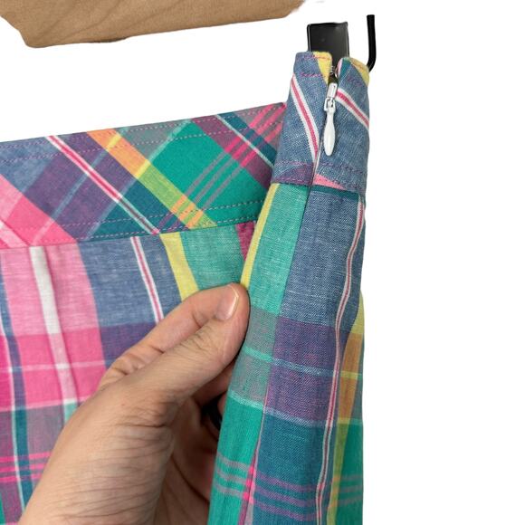 Talbots | NWT Madras Plaid Pastel Linen Blend Knee Length A-lined Skirt - Picture 5 of 8